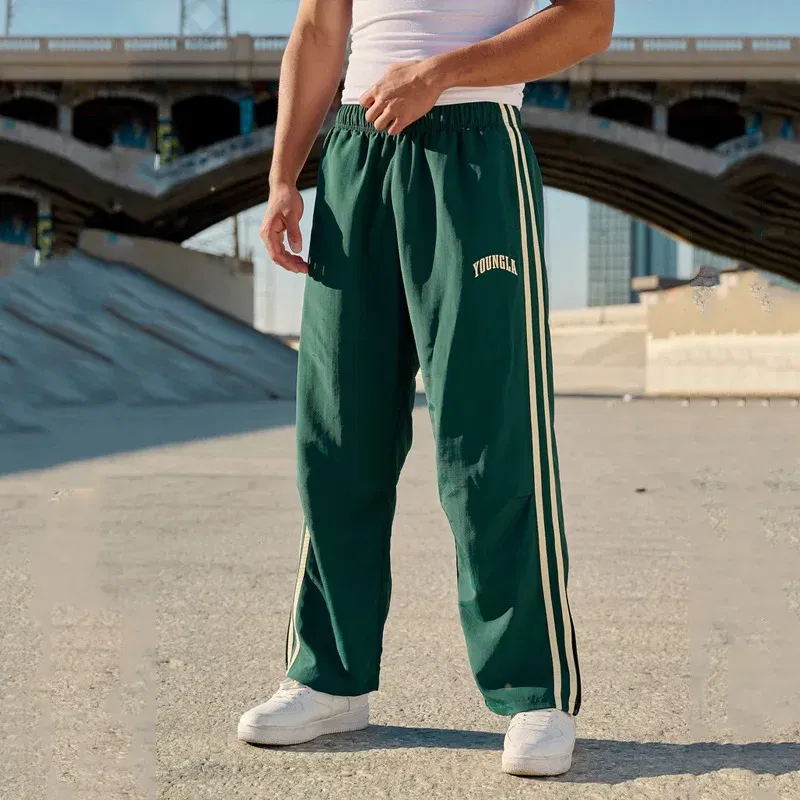 Color: SKY BLUE, Size: M - Jogger Men's Sweatpants Gym Sports Fitness Splicing Strips Printing Mid Waist Casual Pants Ya Fashion Men Clothing Wide Leg Pan