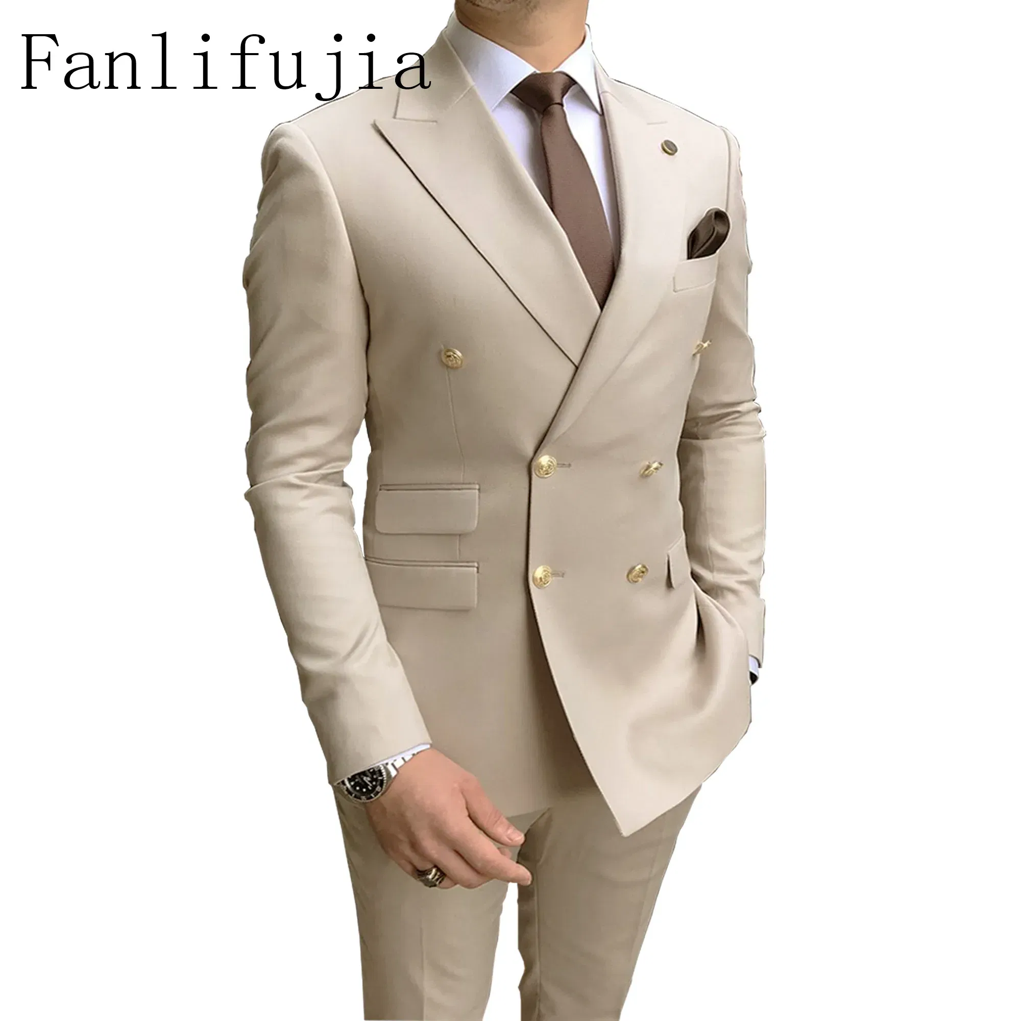 Color: Lavender, Size: XXL - Fanlifujia Store 2024 Casual Sky Blue Men Suits Double Brested Peak Lapel  Gold Button Groom Wedding Tuxedos Best Costume Homme