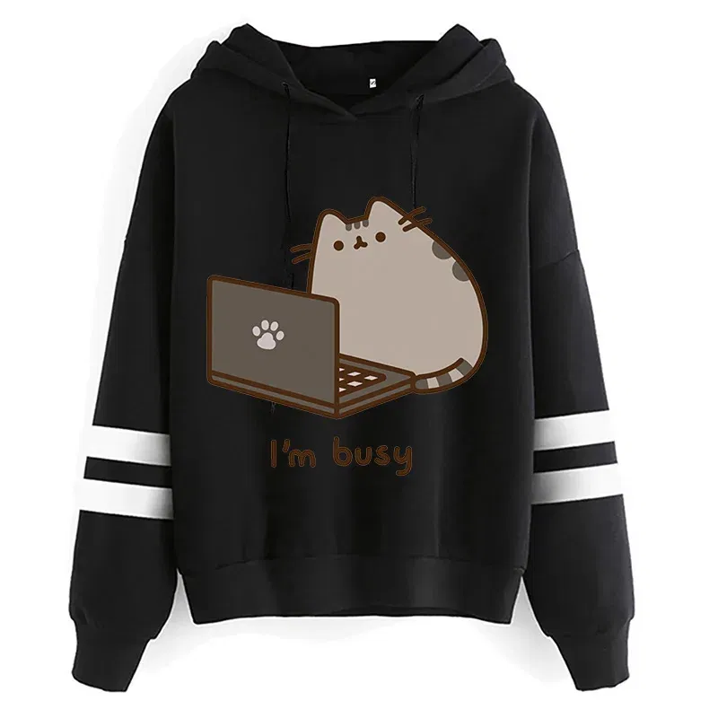 Color: Silver, Size: M - Women Ullzang Cute Cat Funny Cartoon Sweatshirt Pusheen Cat Kawaii Harajuku Korean Style Hoodies Graphic Fashion Hoody Female