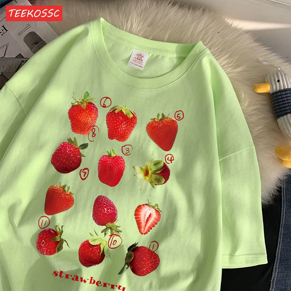 Color: Dark Grey, Size: XXL - 100% Cotton Women T-shirt Cute Fresh Strawberries Printed Tee Shirt Summer Comfortable Loose Tops Street Fashion Female Clothes