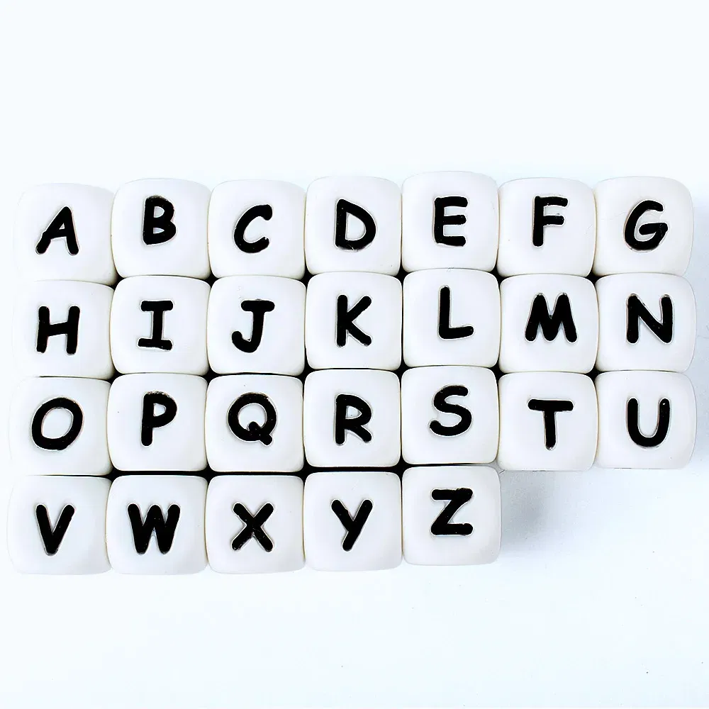 Color: Gold - 10pcs 12mm Baby Silicone Letters Beads for Pacifier Clips Alphabet Bead Baby Chew Teething Teether Nursing Children Gifts 100Pcs