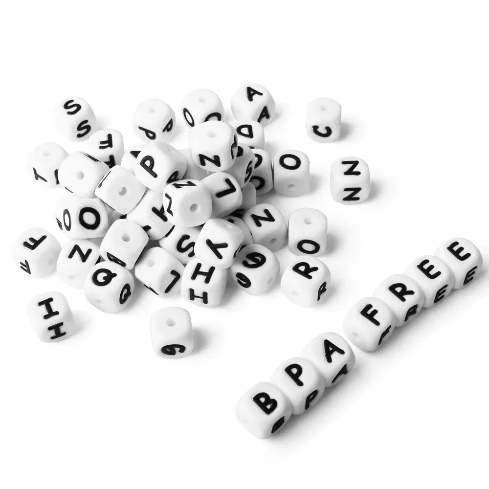 Color: Gold - 10pcs 12mm Baby Silicone Letters Beads for Pacifier Clips Alphabet Bead Baby Chew Teething Teether Nursing Children Gifts 100Pcs
