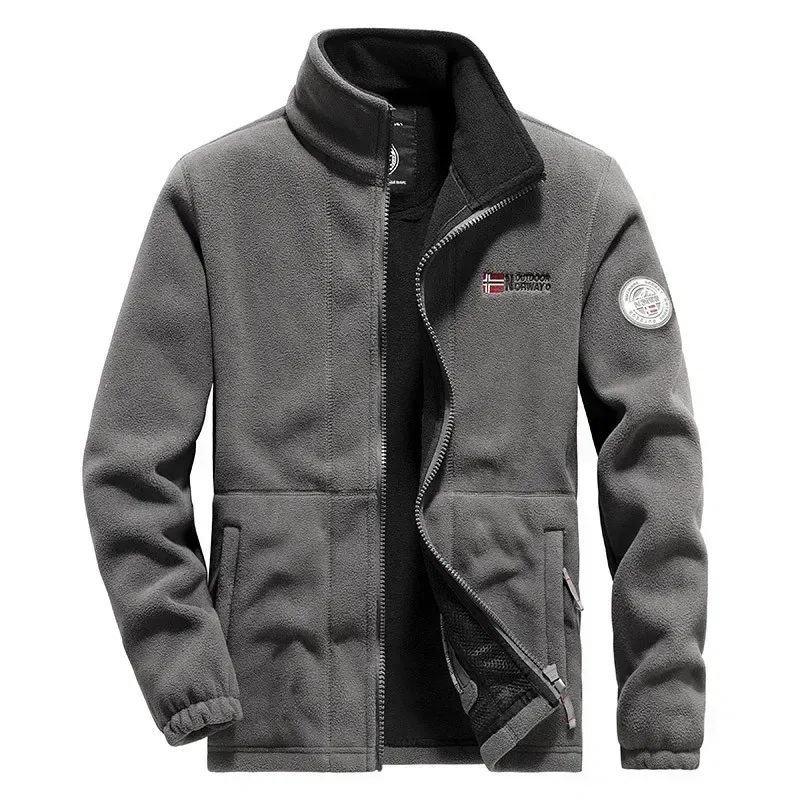 Color: GRAY, Size: XXL - Men Fleece Jacket Pockets Thicken Polar Norway Ski Jackets Cold-proof Overcoat Plus Size Outwear Autumn Winter Casual Warm Coat