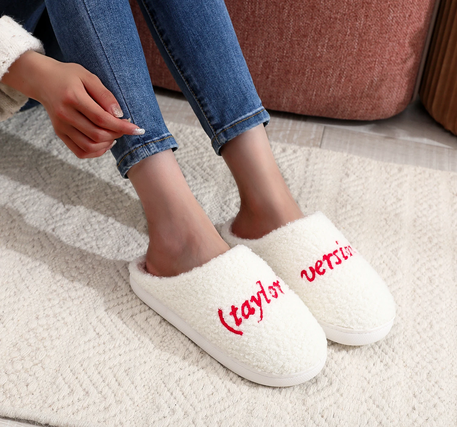 Color: WHITE, Shoe Size: 44 - Winter home home tapors version pattern cotton slippers non-slip thick-soled wool cotton slippers