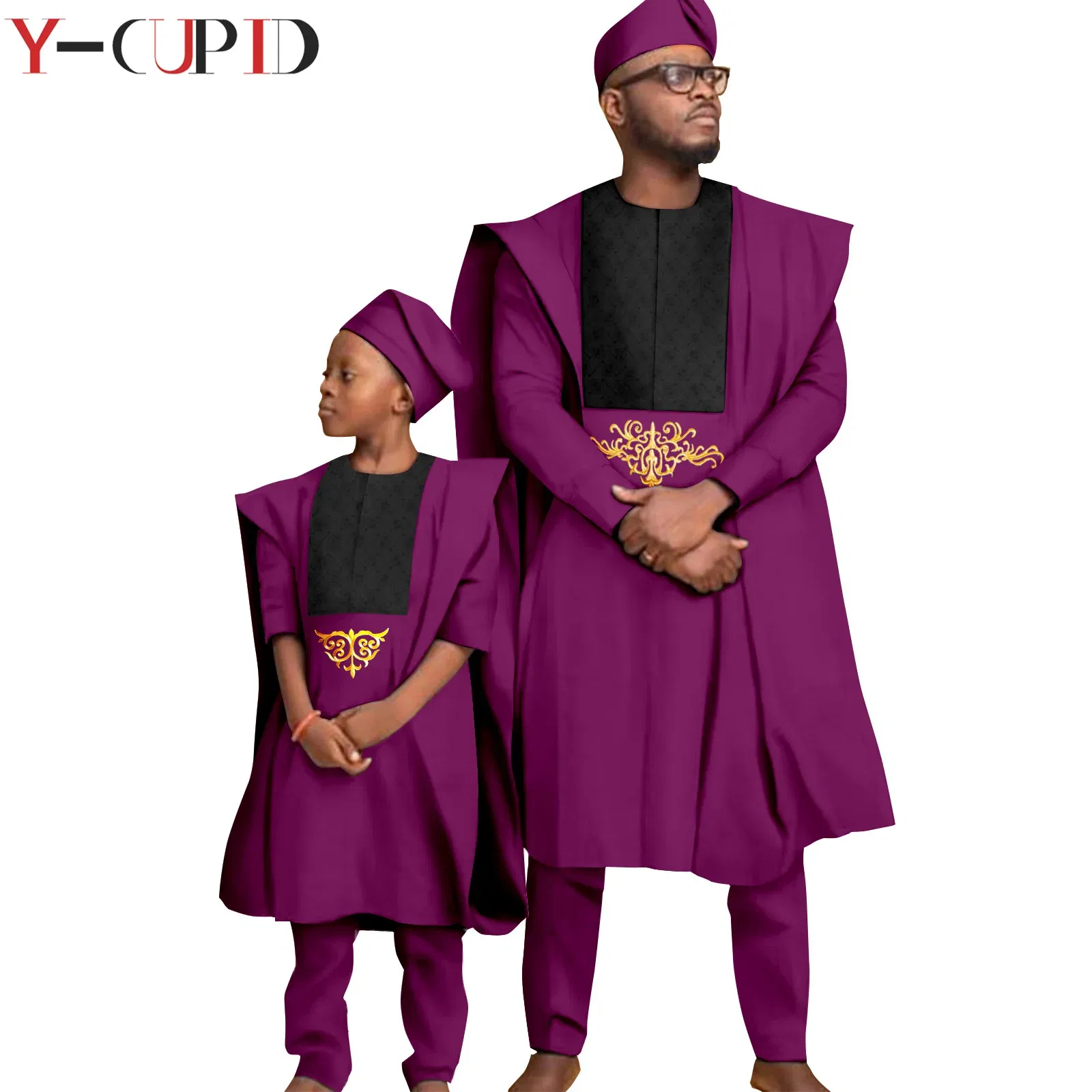 Color: Brown, Size: XS - African Clothes for Men Top Pants Robes Hat Sets Match Kid Boy Sets Dashiki Father and Son Bazin Riche Family Outfits Y20F001