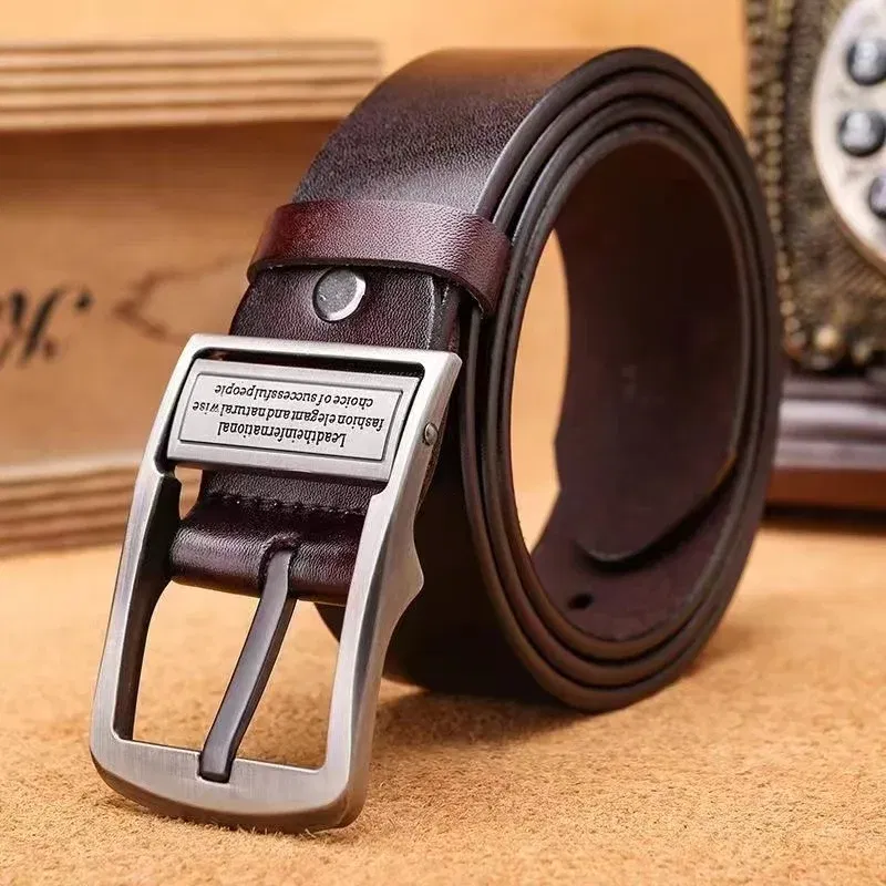 Color: WHITE, Belt Length: 105CM - New Leather Cowhide Men's Belt Fashion Metal Alloy Pin Buckle Adult Luxury Brand Jeans Business Casual Waist Male Strap Brand