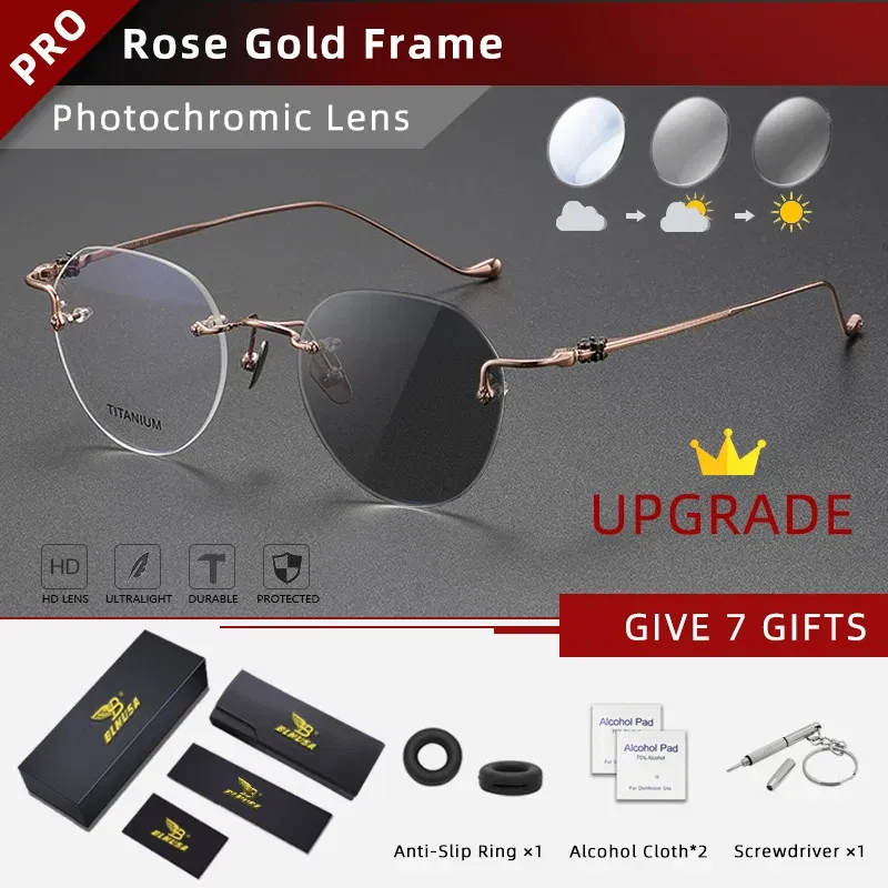 Frame Color: Red, Eye Prescription: +100 - BLMUSA Pure Titanium Rimless Anti-blue Light Reading Glasses for Men Round Photochromic Optical Prescription with MR-8 lens