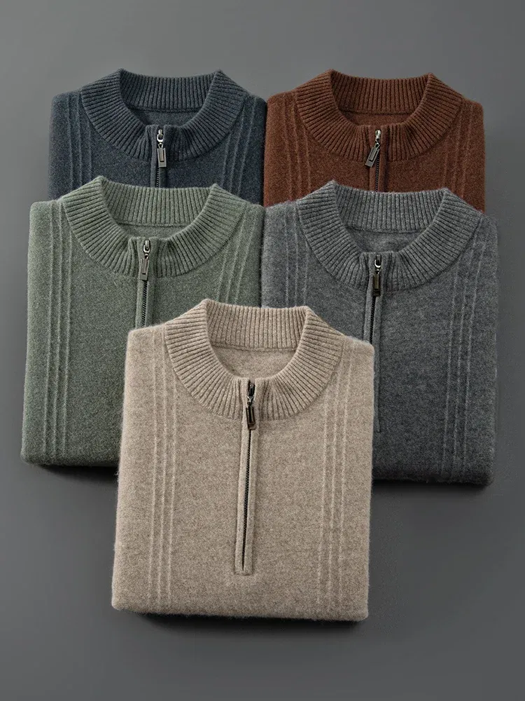 Color: army green, Size: M - Men's Sweater Pullover Autumn Winter Sweater Warm Clothing 100% Cashmere Business Long Sleeve Classic Quality Mock Neck Knit Top
