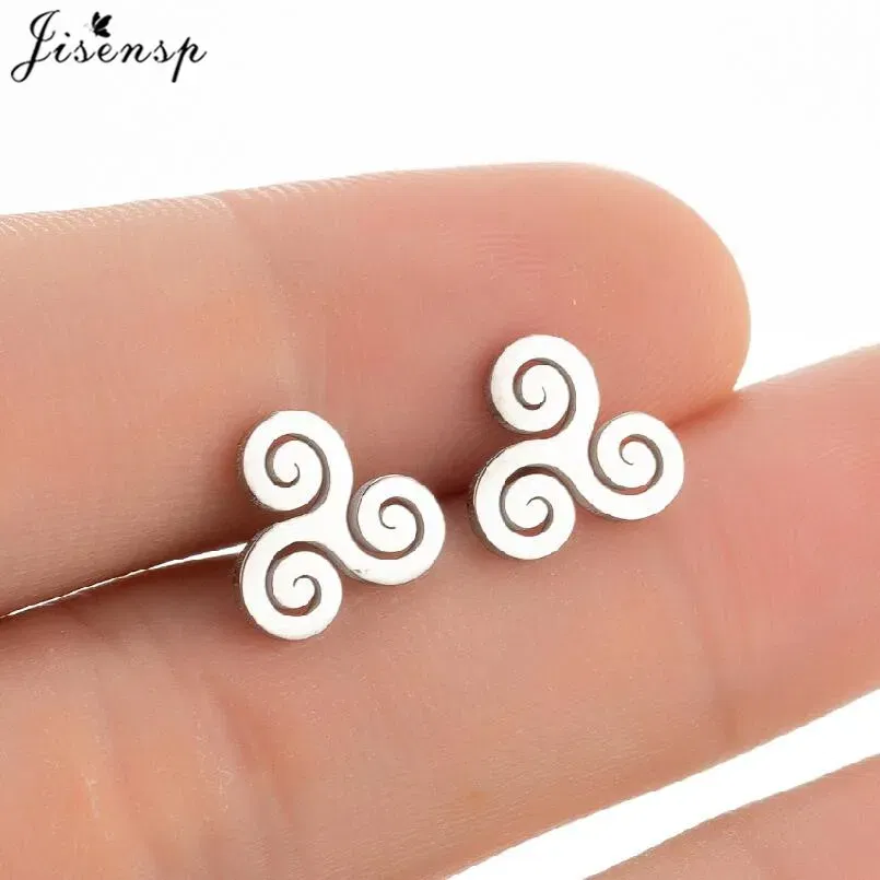 Metal Color: ROSE GOLD COLOR, Main Stone Color: Black - Cartoon The Movie Teen Wolf Triskele Triskelion Inspired Earrings Punk Stainless Steel Jewelry Triple Spiral Ear Studs Women Men