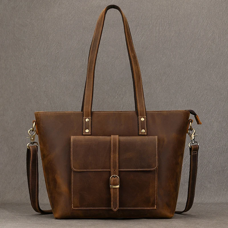 Luufan Genuine Leather Women‘s Tote Big Capacity Daily Business Handbag 14 inch PC Bag Female Large Travel Shoulder Message Bag