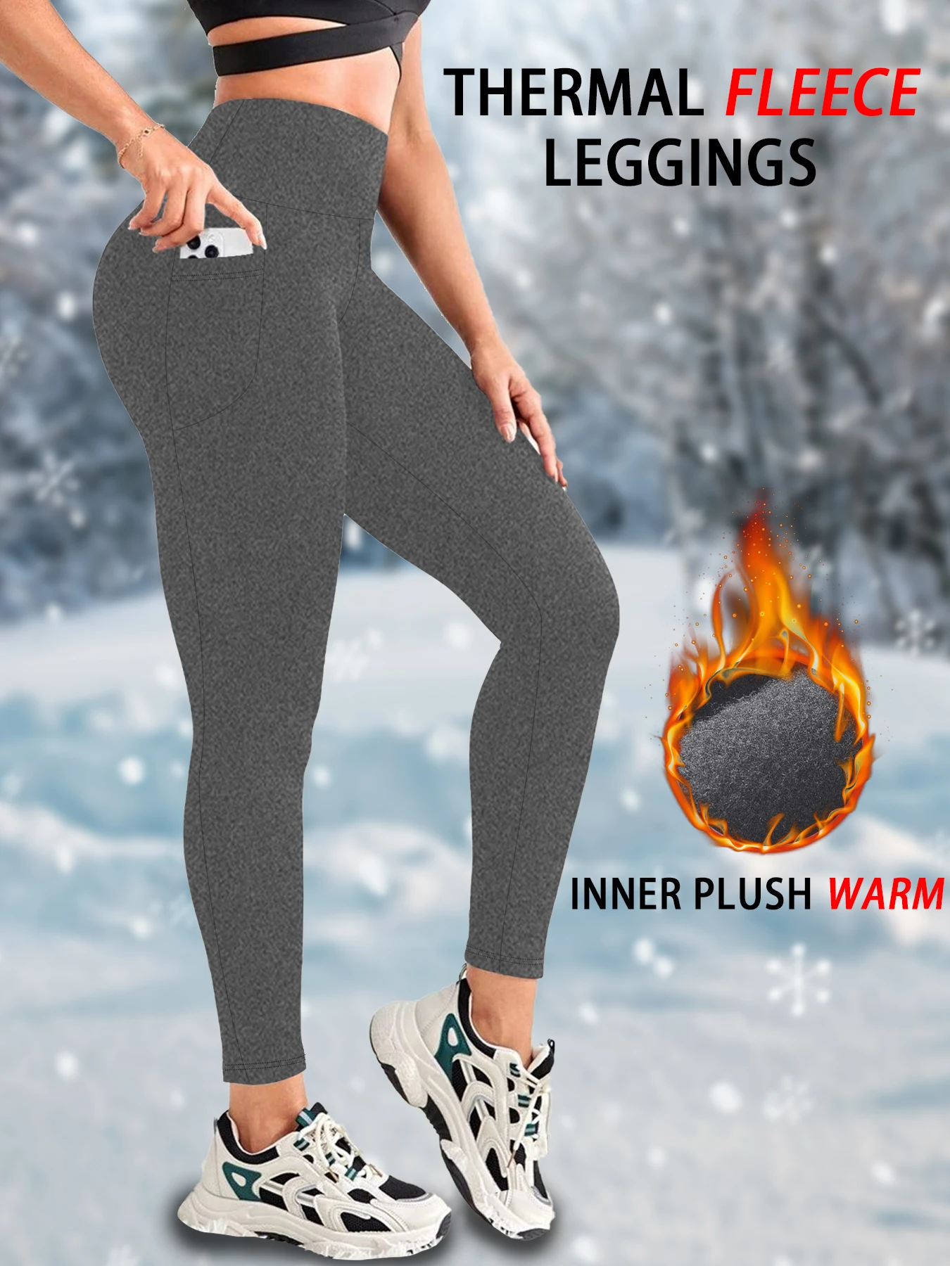 Color: GRAY, Size: XL - Womens Thermal Fleece Lined High Waisted with pockets Leggings, Workout Winter Warm Thick Tights Soft Yoga Running Pants