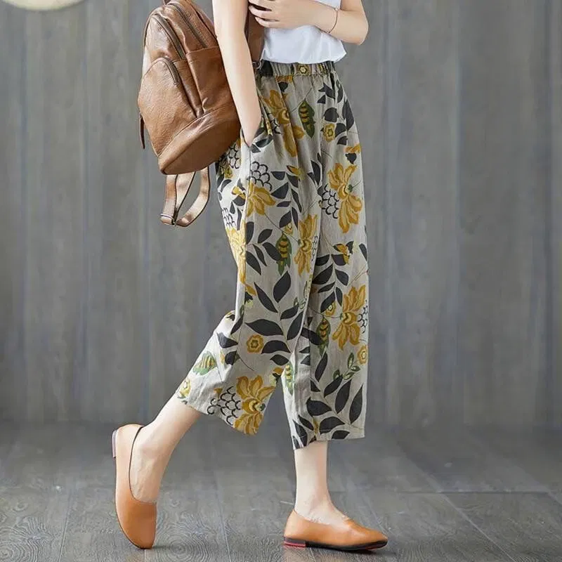 Color: black, Size: M - Cotton and Linen Pants for Women Summer  Printing Harem Pants Female Mother Loose Retro Fashion Women's Ankle Length  Pants