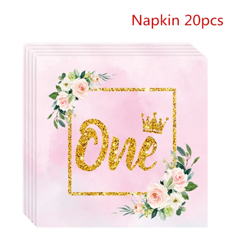 Color: Fluorescence Yellow - Girls One First Happy Birthday Disposable Tableware  Pink Plate Napkins Cup Hat for Baby Shower 1 Year Old Birthday Party Deco