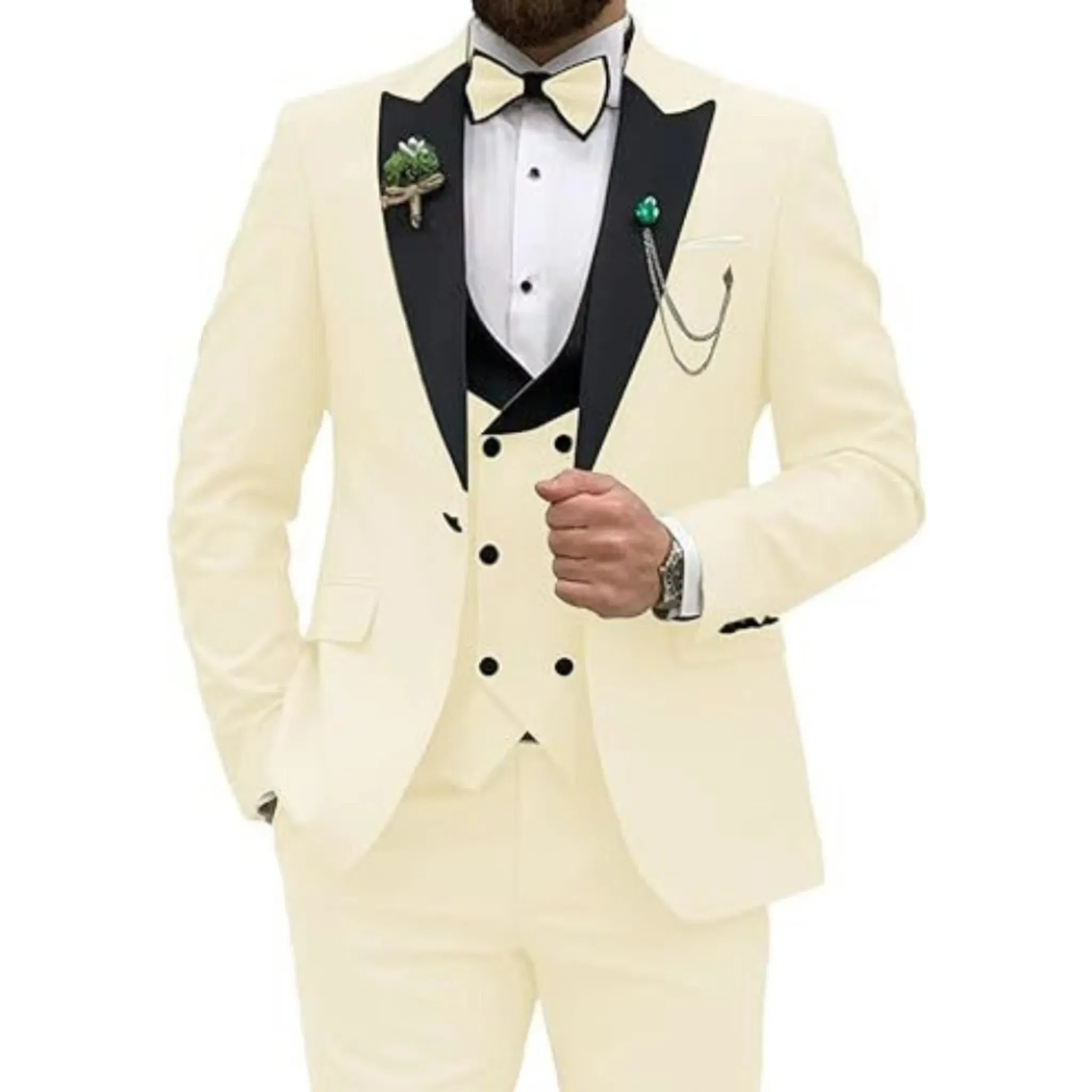Color: Khaki, Size: XXS - Men Suit Colorful Luxury Blazer Vest And Pant Sets 3 Piece Birthday Dress Business  Prom Evening Party Costumes High Quality