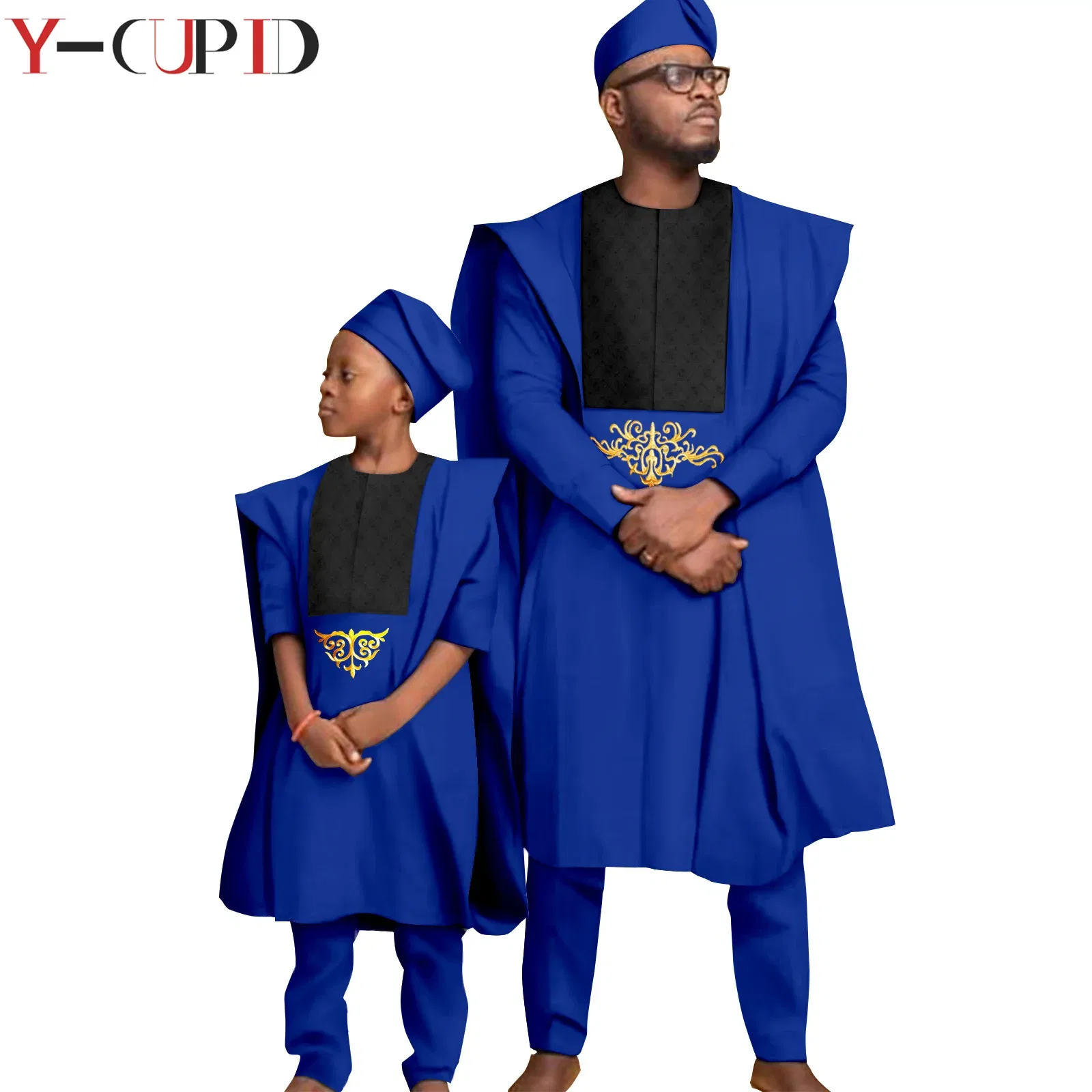Color: Brown, Size: M - African Clothes for Men Top Pants Robes Hat Sets Match Kid Boy Sets Dashiki Father and Son Bazin Riche Family Outfits Y20F001
