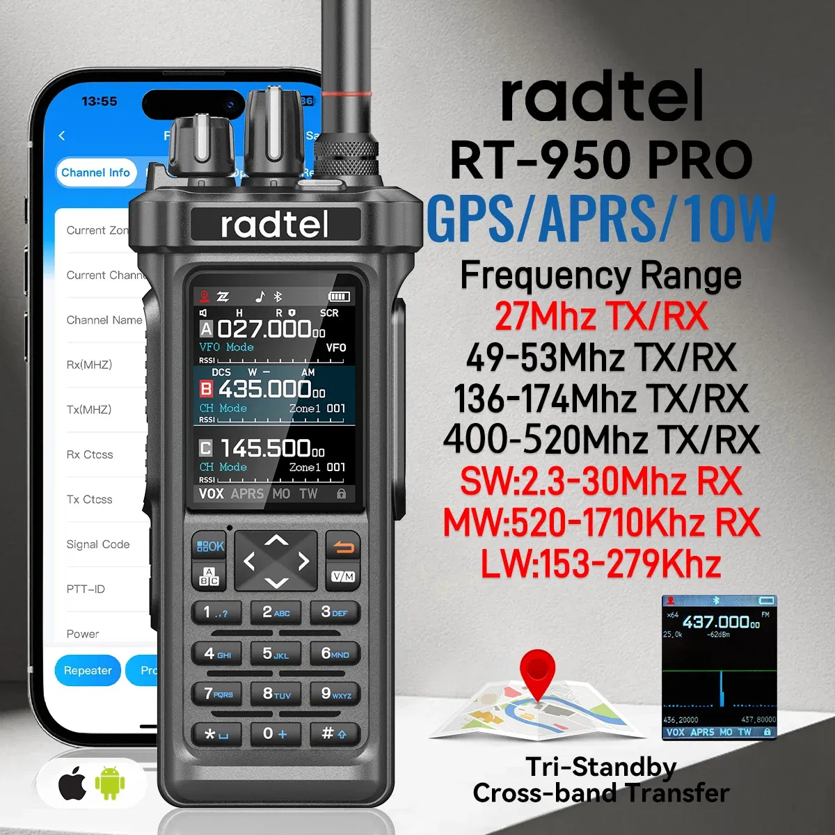 Plug Type: EU - Radtel RT-950 PRO Walkie Talkie AM/FM/CB/LSB/USB/CW Receiver with GPS APRS 10W Bluetooth Phone Programming Ham Radio RT-950PRO