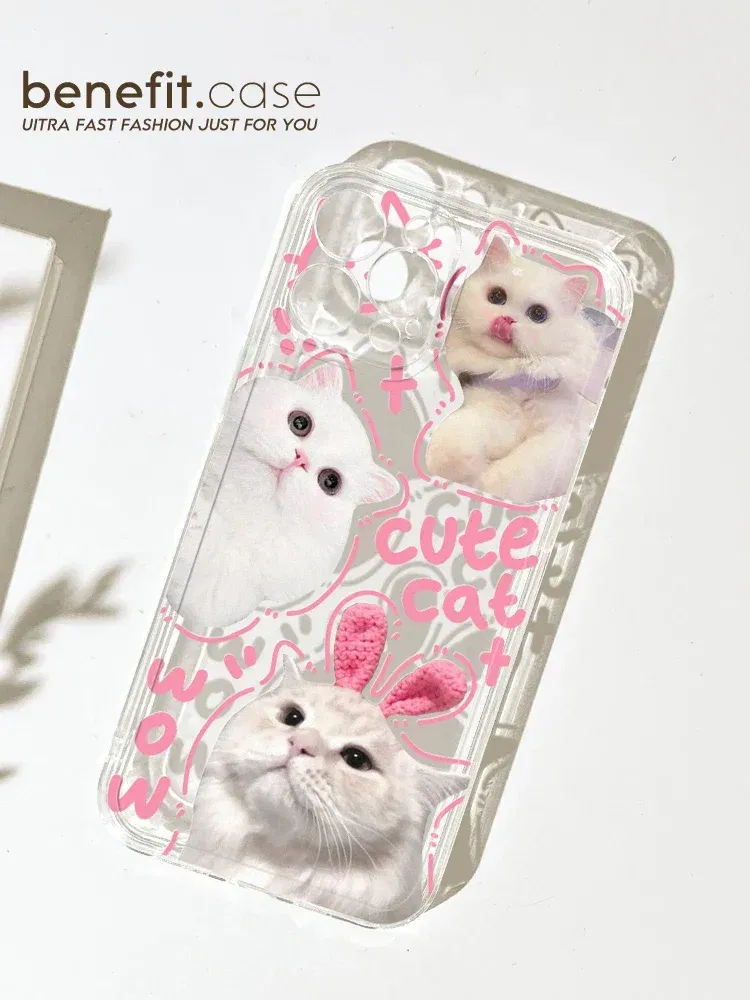 Color: Beige, Material: tpu - Cute Kitten Phone Case for iPhone 15 14 13 12 11 Pro Max XR XS X 7 8 Plus Mini SE Clear Cat Mobile Case