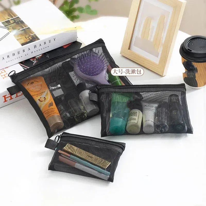 Color: black - Fashion Small Large Black Organizer Toiletry and Makeup Pouch Transparent Mesh Zipper Cosmetic Bag Women Necessary Organizer