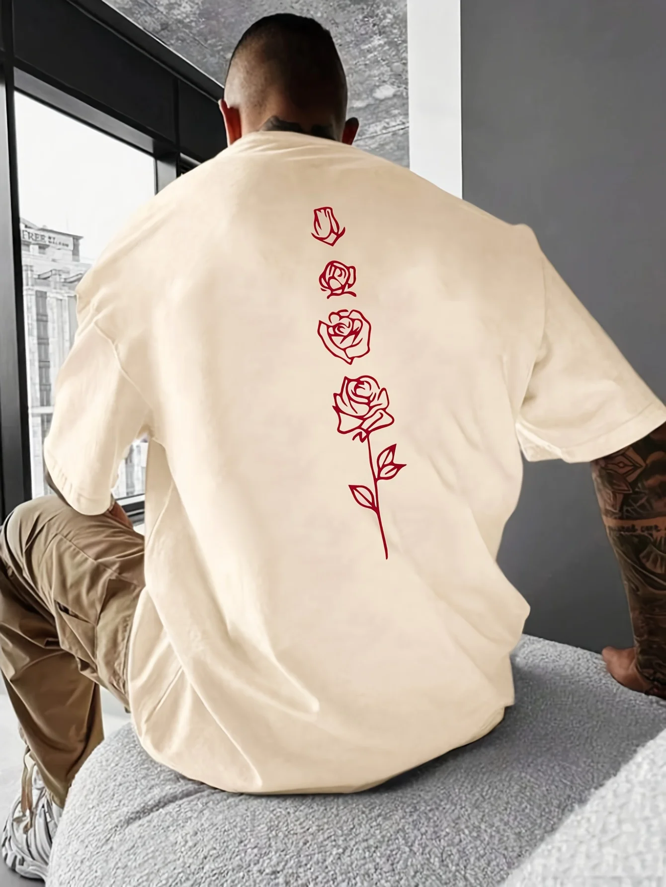 Color: Gold, Size: M - Men's Summer Loose Fit  100 Cotton Rose pattern Print T-shirt Tops