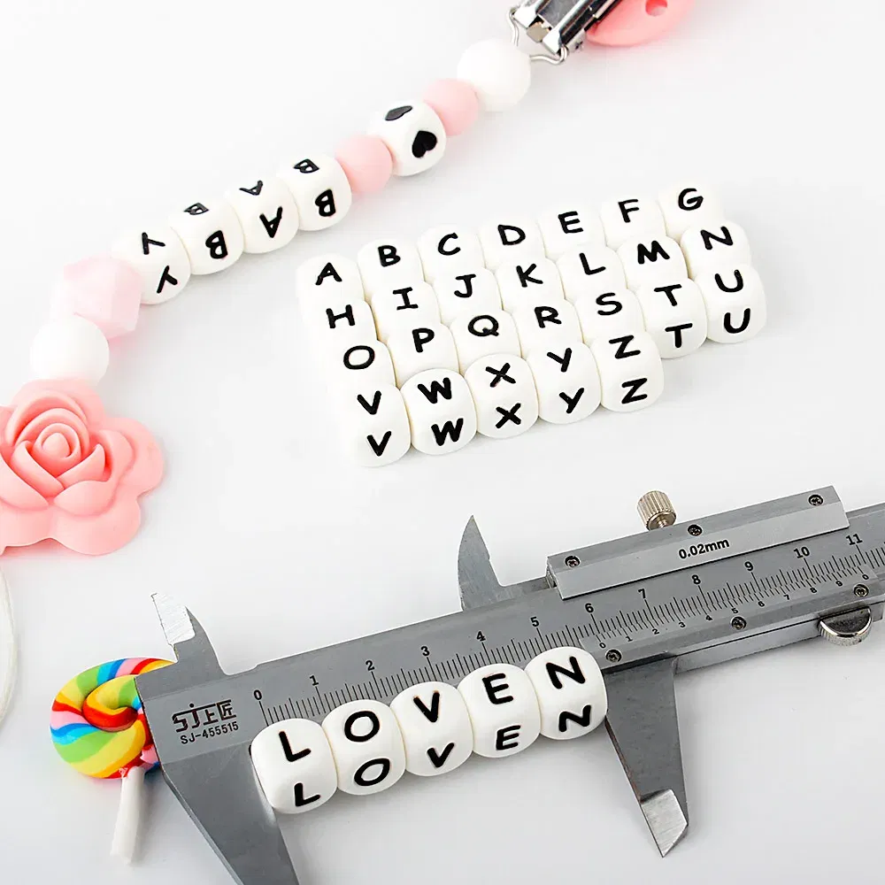 Color: Yellow - 10pcs 12mm Baby Silicone Letters Beads for Pacifier Clips Alphabet Bead Baby Chew Teething Teether Nursing Children Gifts 100Pcs