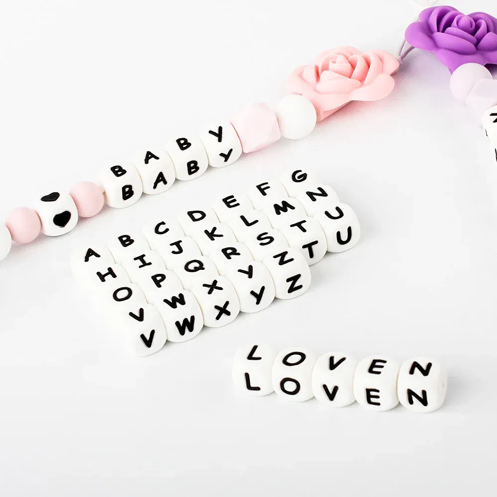 Color: Yellow - 10pcs 12mm Baby Silicone Letters Beads for Pacifier Clips Alphabet Bead Baby Chew Teething Teether Nursing Children Gifts 100Pcs