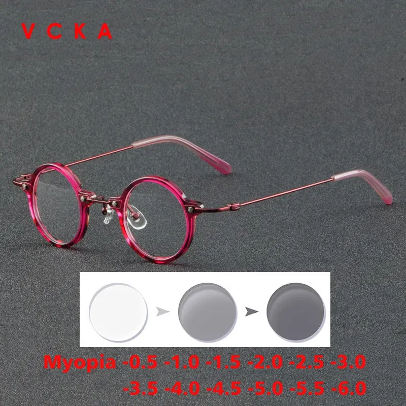 Frame Color: Red, Eye Prescription: +400 - VCKA Anti-blue Discolor Acetate+Titanium Myopia Glasses Frames Small Round Men Prescription Optical Women Eyewear -0.50 to -10.0