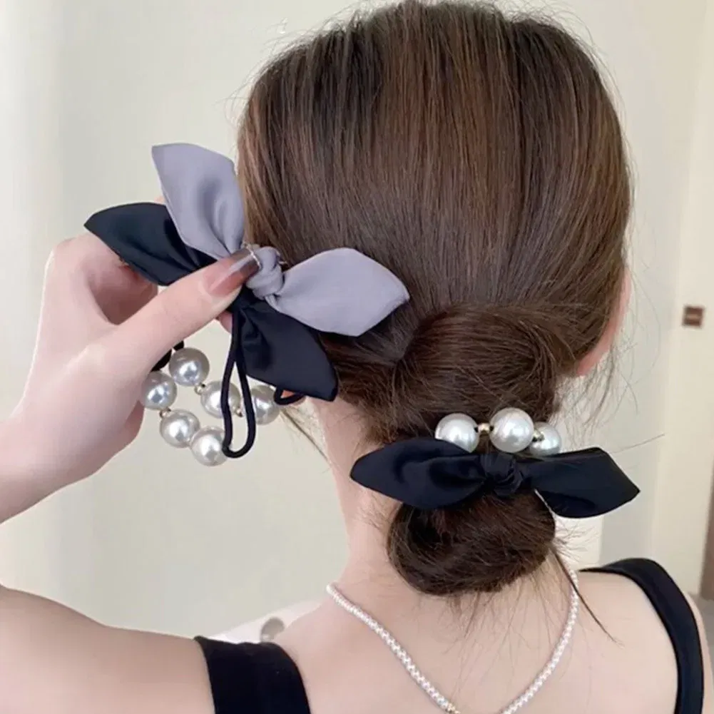 Color: Light purple - 2022 Fashion Woman Big Pearl Hair Ties Korean Style Hairband Scrunchies Girls Ponytail Holders Rubber Band Hair Accessories