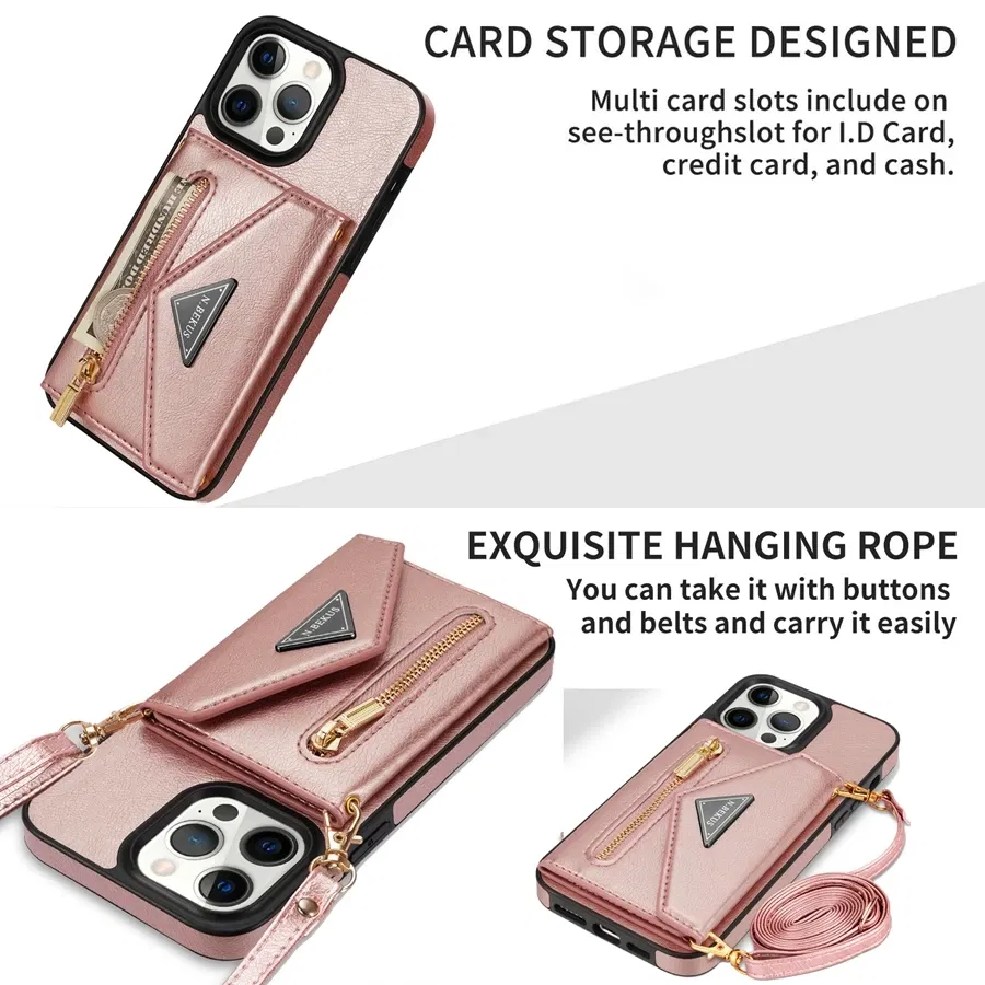 Material: Microfiber, Color: Black - Wallet Side Card Zipper Flip Crossbody Leather Case For iPhone 15 14 Pro Max 13 Mini 12 11 SE 2022 2020 X XS XR 8 7 6 6s Plus