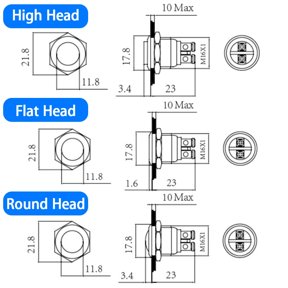 Color: Blue - 16mm 1NO High Flat Head Waterproof Momentary Reset Metal Push Button Switch Screw Terminal Car Engine Doorbell PC Power Switch