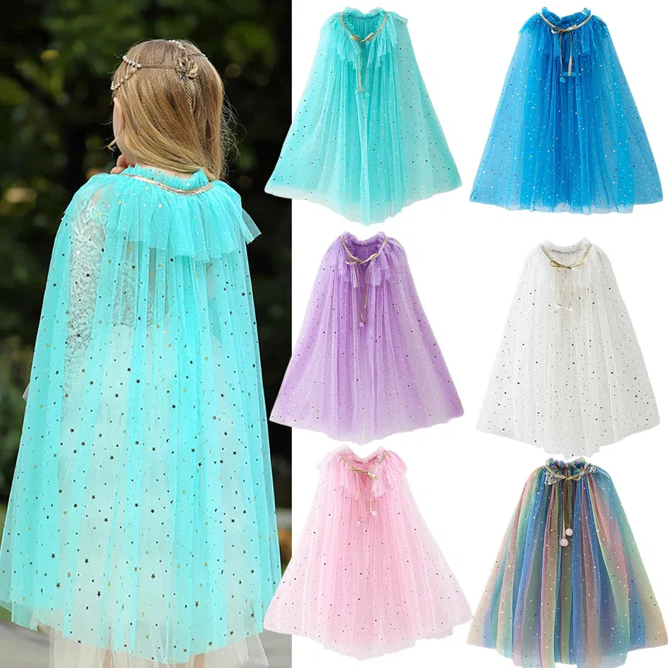 Color: Blue, Kid Size: 3T - Little Girls Sequins Tulle Cape Children Princess Party Dress Up Cloaks Summer Thin Blue Pink White Halloween Birthday Costumes