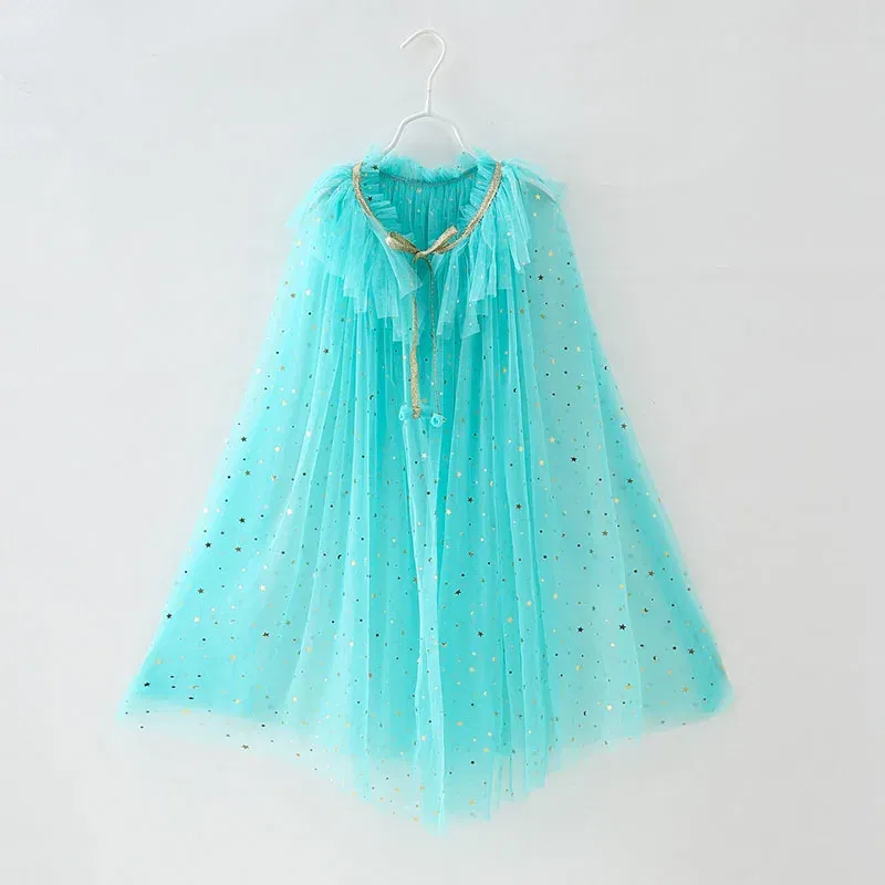 Color: Blue, Kid Size: 3T - Little Girls Sequins Tulle Cape Children Princess Party Dress Up Cloaks Summer Thin Blue Pink White Halloween Birthday Costumes