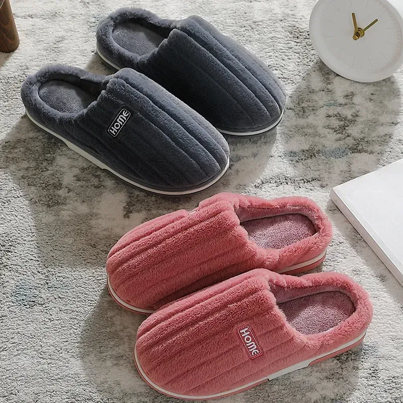 Color: Gold, Shoe Size: 38-39 - New Men Big Size 48 49 Winter Warm Slippers Women Soft Plush Furry Shoes Casual Flats Home Couples Bedroom Anti-Slip Slides