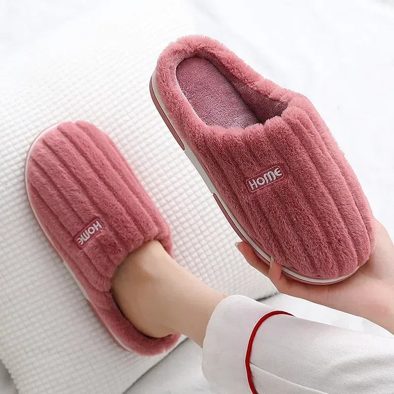 Color: Gold, Shoe Size: 38-39 - New Men Big Size 48 49 Winter Warm Slippers Women Soft Plush Furry Shoes Casual Flats Home Couples Bedroom Anti-Slip Slides