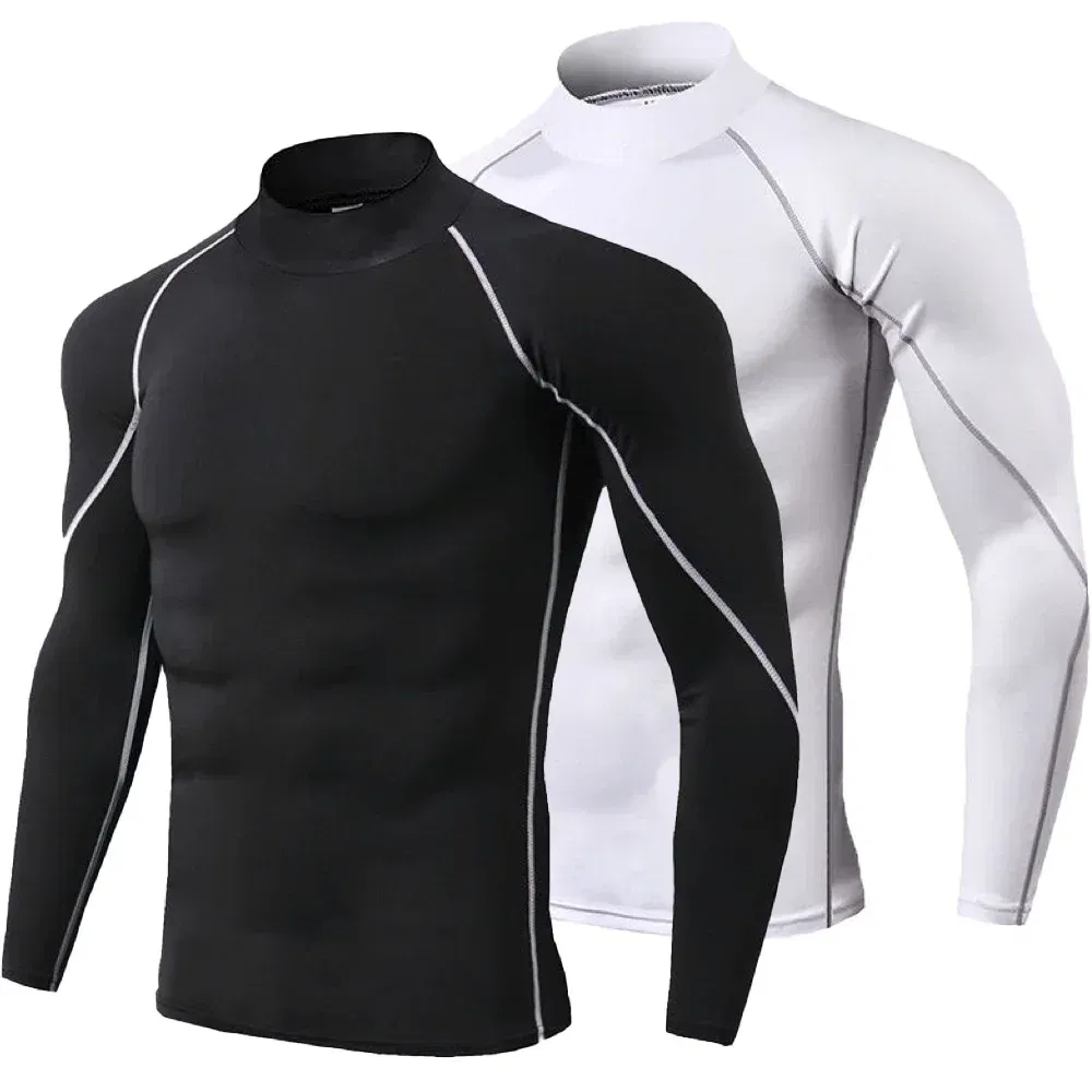 Color: Beige, Size: M - Men's Quick Dry Running T-shirt Workout Compression Shirt Turtleneck Long Sleeve Rash Guard Gym Base Layer Athletic Undershirt