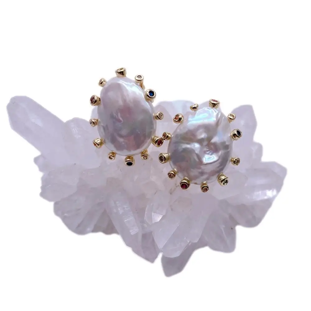 Y?·YING Cultured White Keshi Pearl Stud Earrings For Women Valentines Day Jewelry