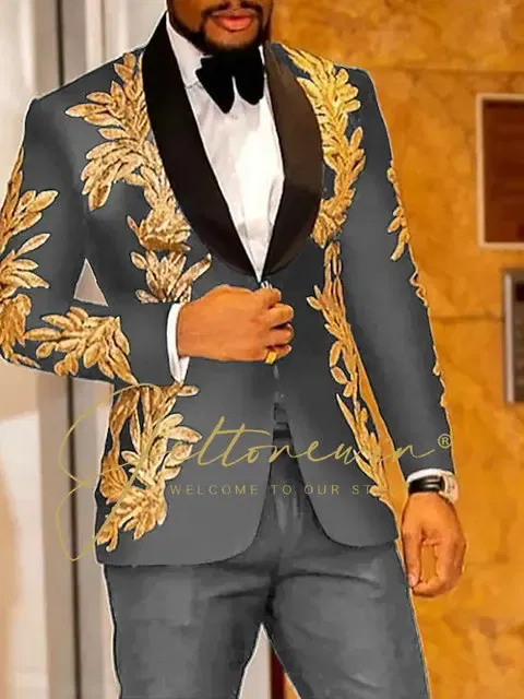 Color: Dark Grey, Size: 4XL - Luxury Groom Wedding Tuxedos Gold Sequins Appliques Black Men Suits Slim Fit Costume Homme Marriage Prom Suits