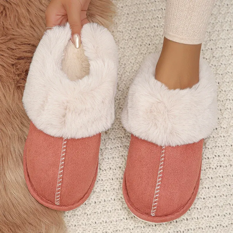 Color: Red, Shoe Size: 38 - Closed Toe Warm Cotton Slippers Women Faux Fur Thicken Plush Winter Home Shoes Woman Lightweight Casual Indoor Slides Female