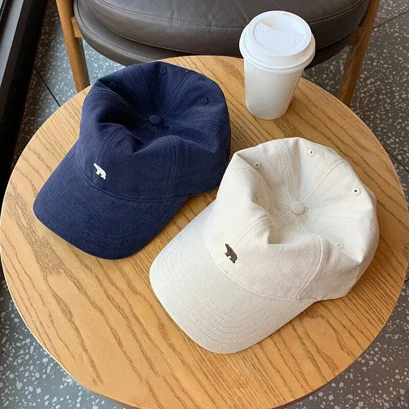 Size: Adjustable, Age Range: >8Y, Color: Navy Blue - Hat Female Spring/Summer American Embroidered Wide Brimmed Baseball Hat Female Sunshade Soft Top Polar Bear Duck Tongue Hat Male