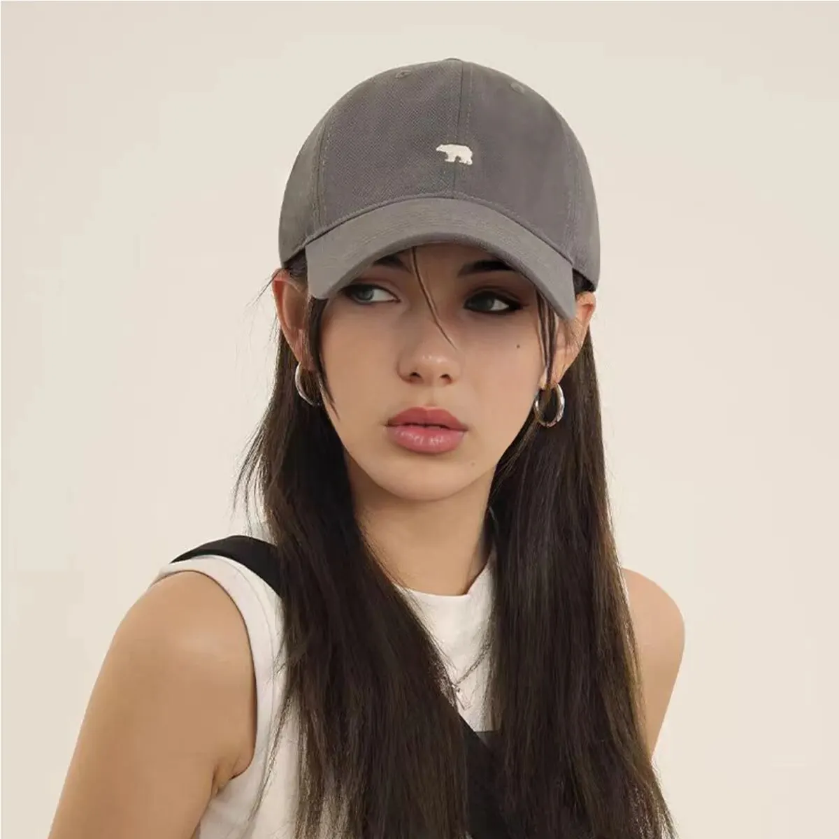 Size: Adjustable, Age Range: >8Y, Color: Navy Blue - Hat Female Spring/Summer American Embroidered Wide Brimmed Baseball Hat Female Sunshade Soft Top Polar Bear Duck Tongue Hat Male
