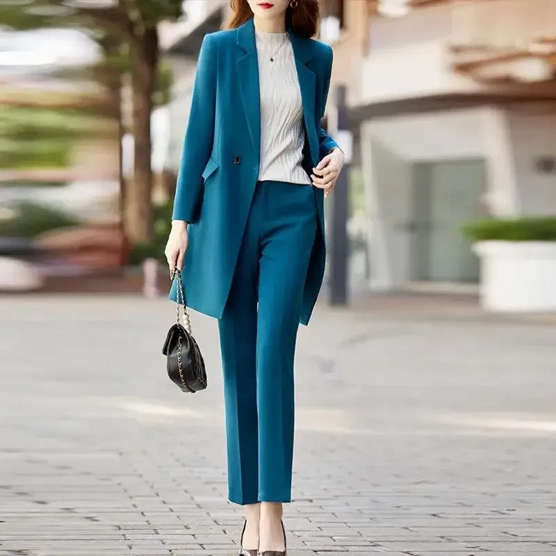 Color: Blue, Size: M, Ships From: CHINA - High End Office Professional Women's Blazer Pants 2-Piece Set Fall Fashion Long Female Jacket Over Business Suit Casual Trousers