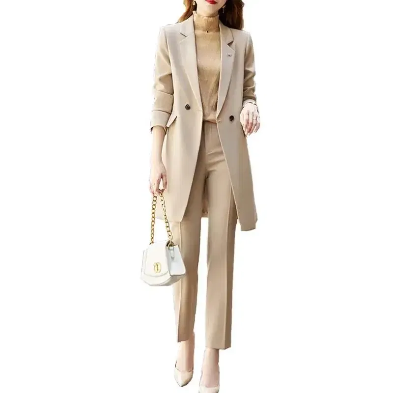 Color: Blue, Size: M, Ships From: CHINA - High End Office Professional Women's Blazer Pants 2-Piece Set Fall Fashion Long Female Jacket Over Business Suit Casual Trousers