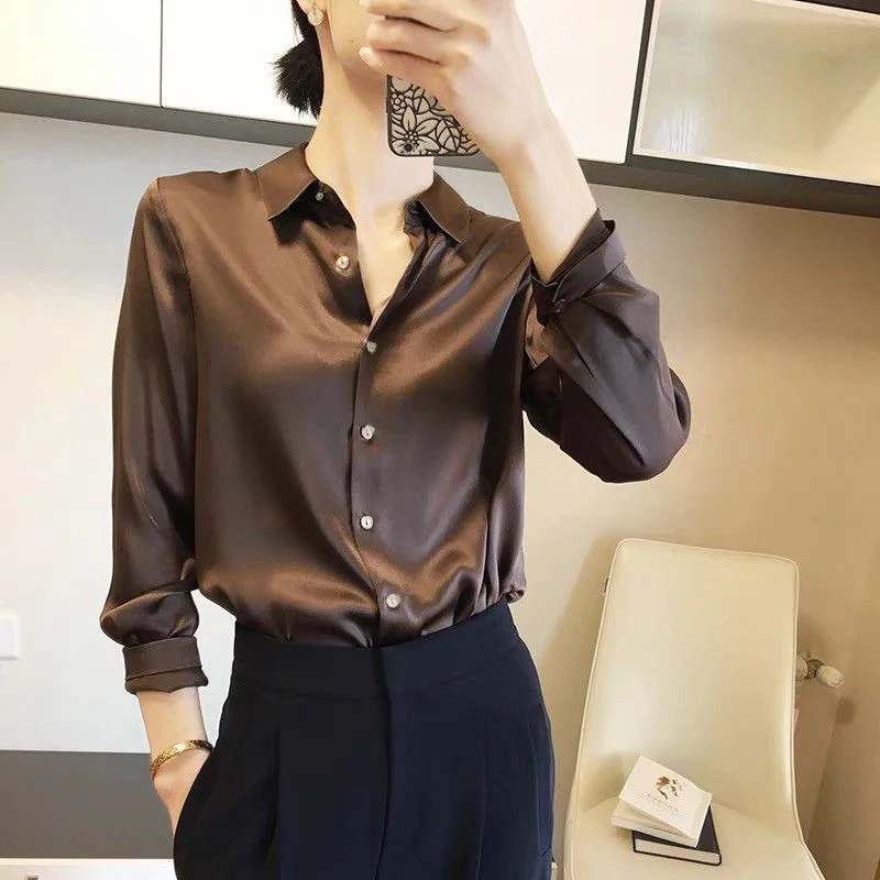 Color: Ivory, Size: M - All-match Satin Finish Shirts And Blouses Women Clothing Casual Top OL Long Sleeve Button Elegant Shirts French Solid Blouses