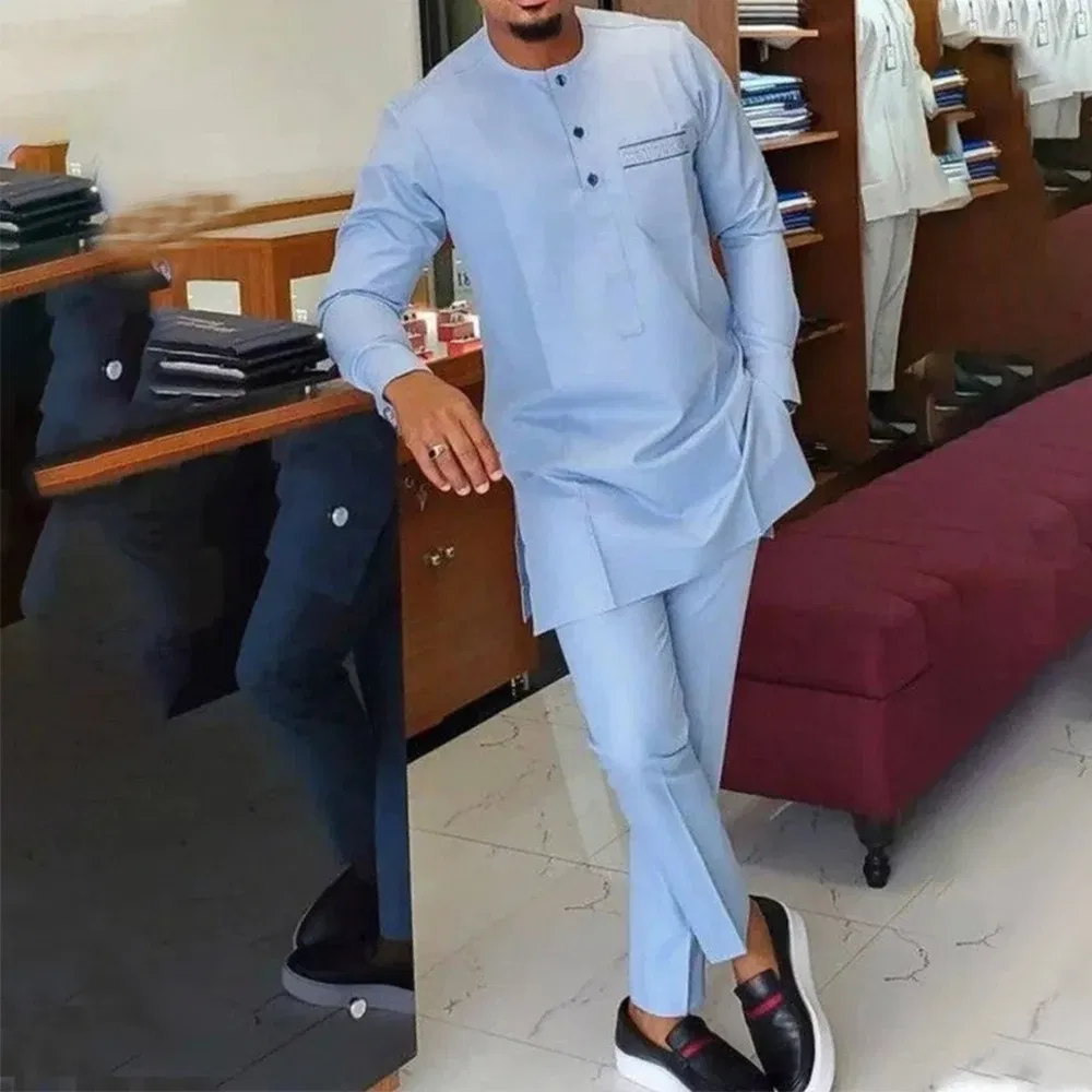 Color: Gold, Size: 4XL - New Men's Tenos Wedding 2-Piece Suit Waist Pants Shirt Solid Color Panel Long Sleeve Party African Ethnic Style Clothing (M-4XL)