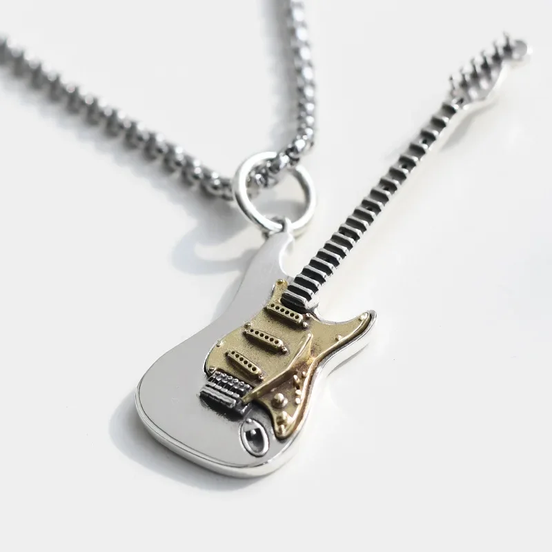 Metal Color: Dark Gold - Retro Punk Music Guitar Necklace for Men Personalized Gothic Pendant Fashion Hip Hop Rock Singer Jewelry Gift