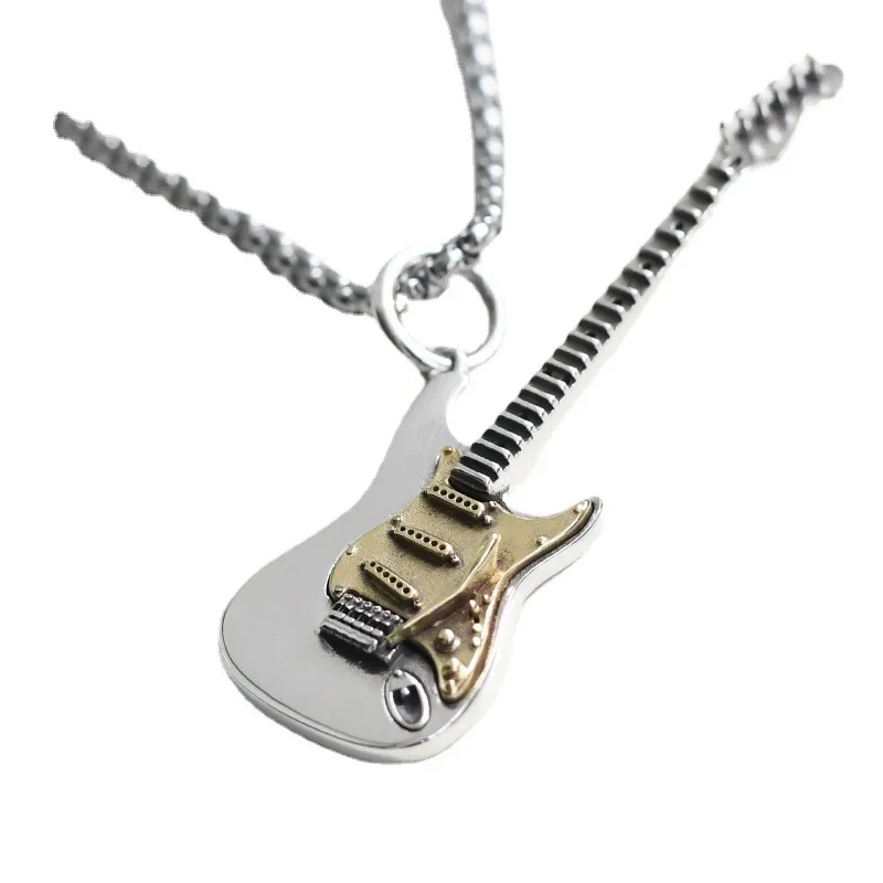 Metal Color: Dark Gold - Retro Punk Music Guitar Necklace for Men Personalized Gothic Pendant Fashion Hip Hop Rock Singer Jewelry Gift