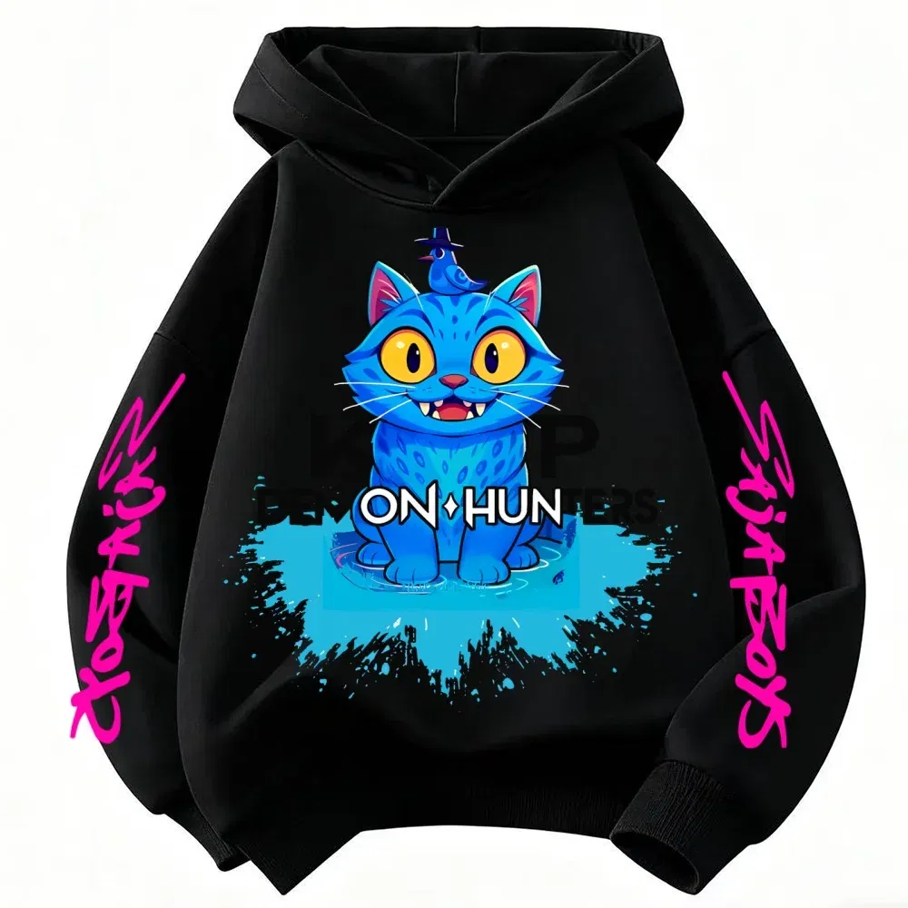 Color: Pink, Kid Size: 4T - 2025 New Saja Boys Derpy KPop Demon Hunter Cartoon Boy Hooded Sweatshirt Warm Wave Fashion Casual Tops Casual Black Clothing