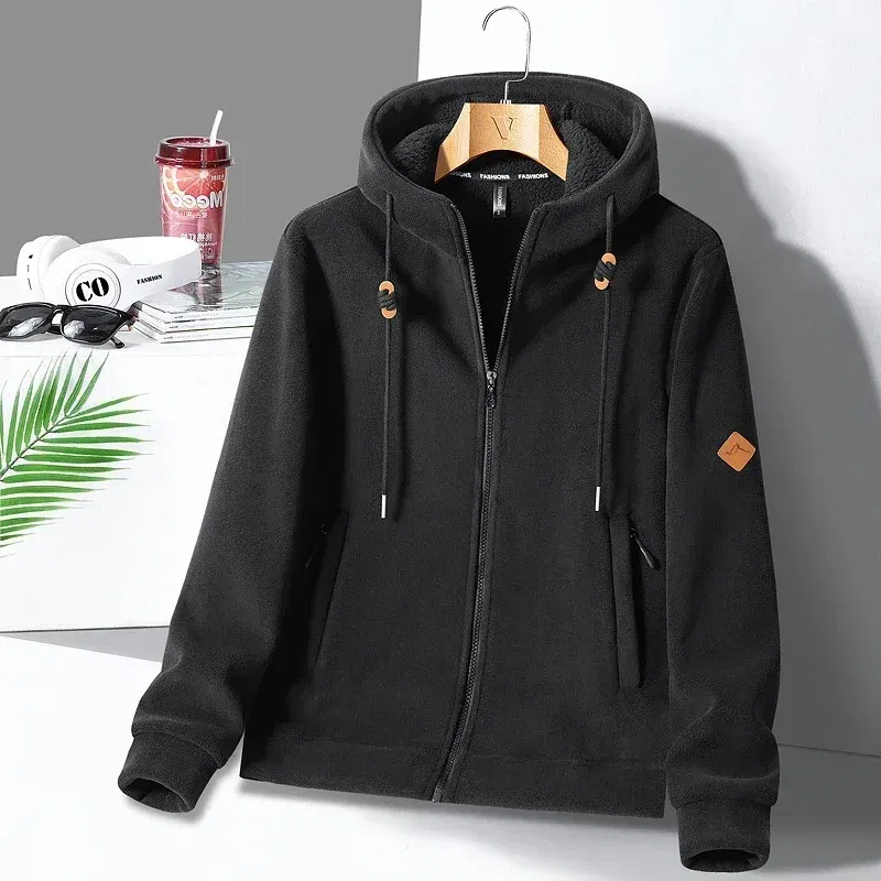 Color: black, Size: L - Winter Warm Cashmere Jacket Mens High-end Ski Fleece Iined Thickened Hoodie Coat Casual Womens Outdoor Camping Cold-proof Jacket