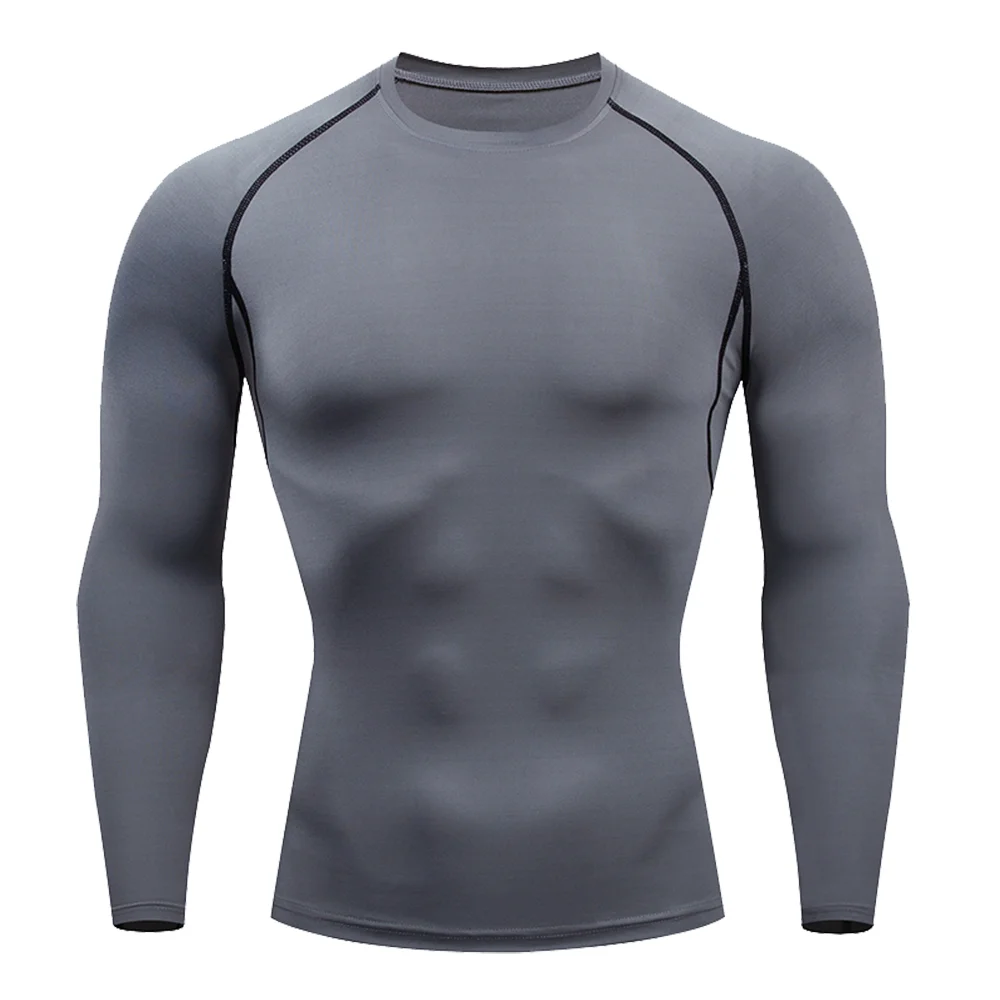 Color: GRAY, Size: M - Men Bodybuilding Sports T-Shirt Quick Dry Running Shirt Long Sleeve Compression Top Gym T Shirt Men Fitness Tight Rashgad