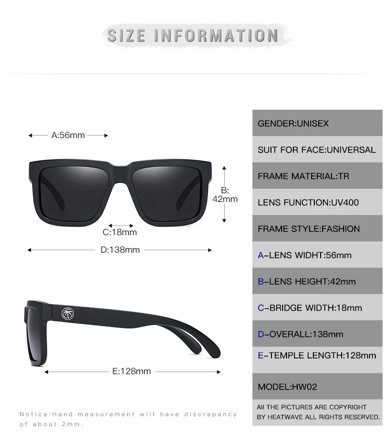 Lenses Color: GRAY - NEW High quality luxury Heat Wave brand Polarized sunglasses square Conjoined lens Women men sun glasses UV400HW02