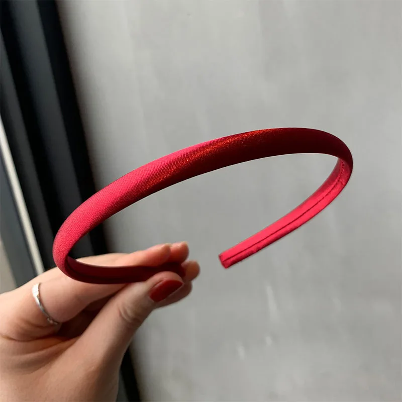 Color: wine red - Red Blue Green Satin Headband for Women girls Kids Hair band Solid Color Thin Elastic Hair Hoop Accessories Headpiece